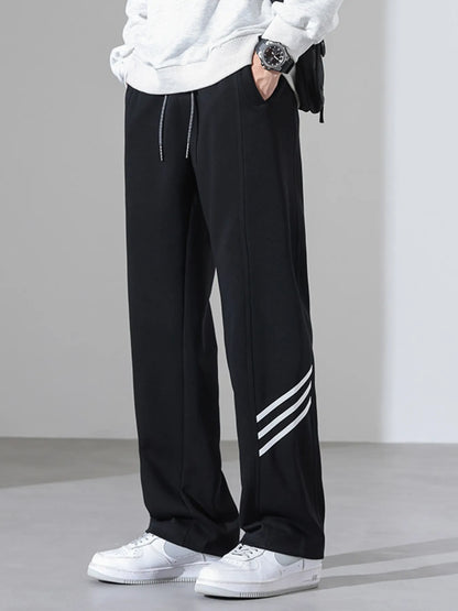 Men's Full Size Casual Loose Fit Sweatpants with Stripes Plus Size - Black -