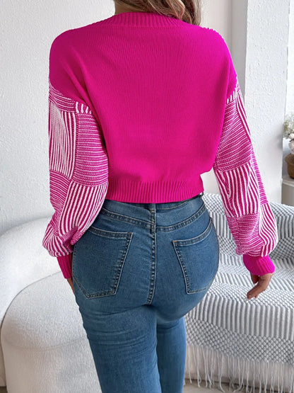 Striped V-Neck Long Sleeve Sweater - -