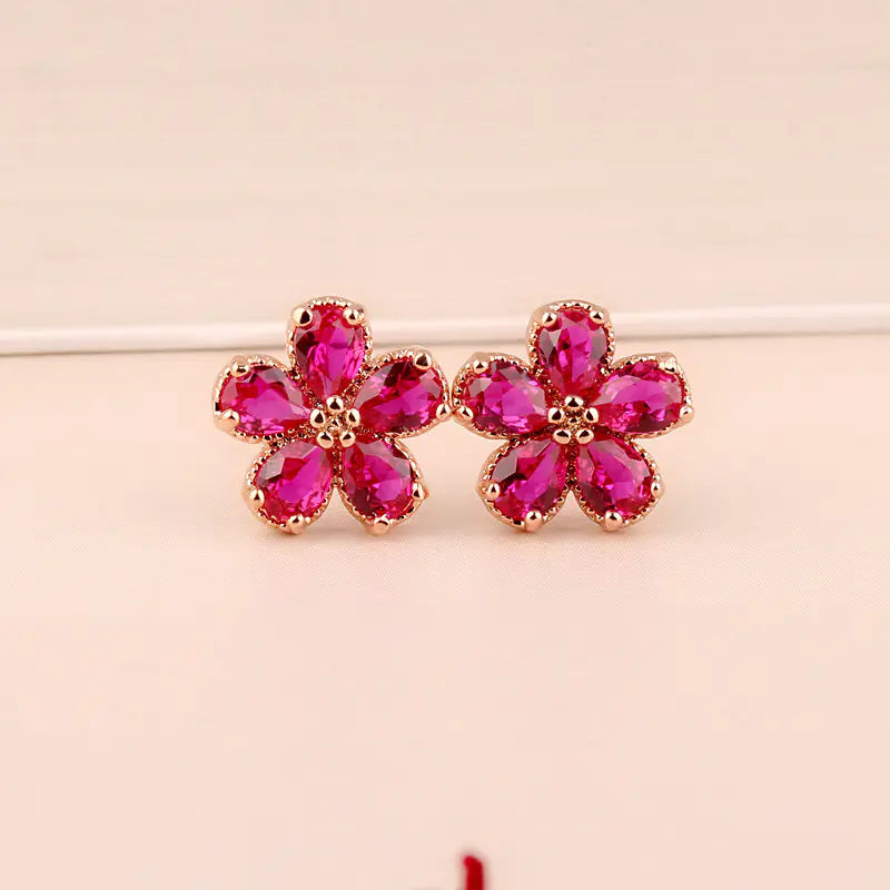 S925 Silver Ruby Floral Stud Earrings for Women