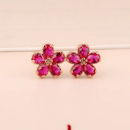 S925 Silver Ruby Floral Stud Earrings for Women