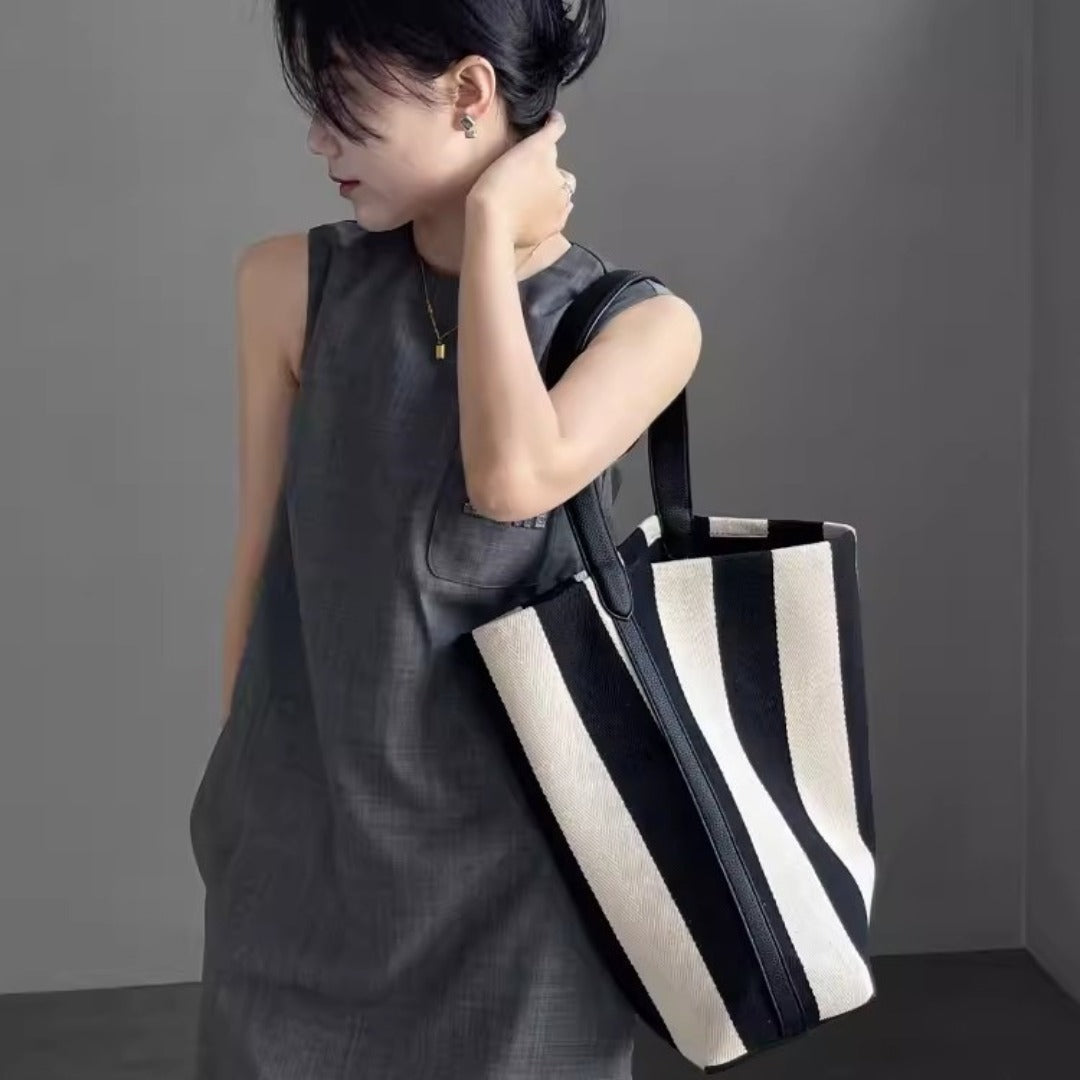 Striped Canvas Bag Large Capacity – Stylish Tote Bag, Versatile Shoulder & Bucket Bag - -