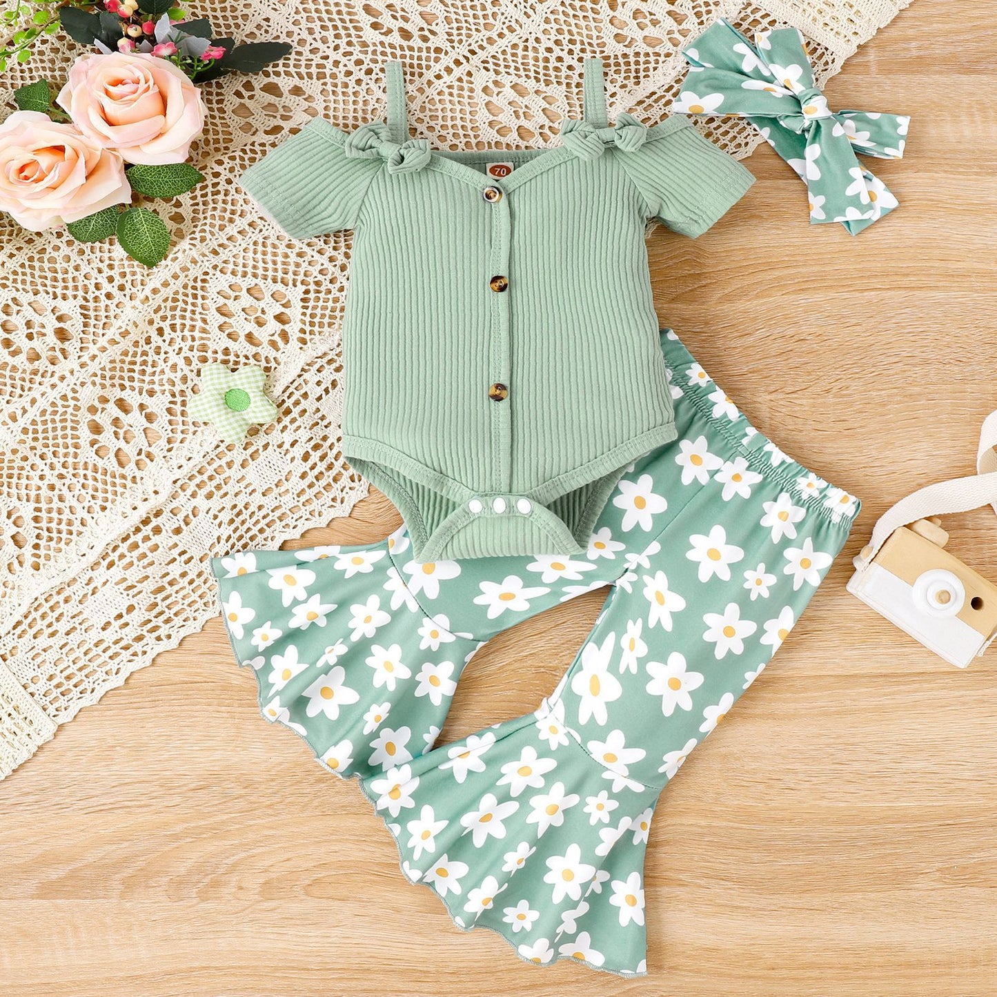 Solid Color Sling Off-shoulder Top Floral Bell-bottom Pants Suit- Baby Joy- {{Product type}}
