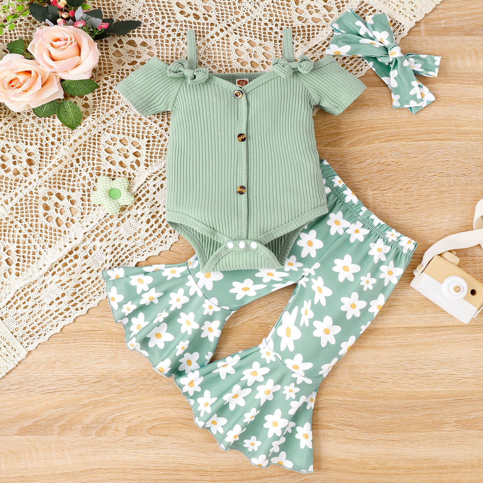 Solid Color Sling Off-shoulder Top Floral Bell-bottom Pants Suit- Baby Joy- {{Product type}}
