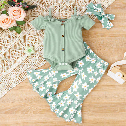 Solid Color Sling Off-shoulder Top Floral Bell-bottom Pants Suit- Baby Joy- {{Product type}}