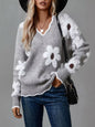 Floral V-Neck Long Sleeve Sweater - Grey -