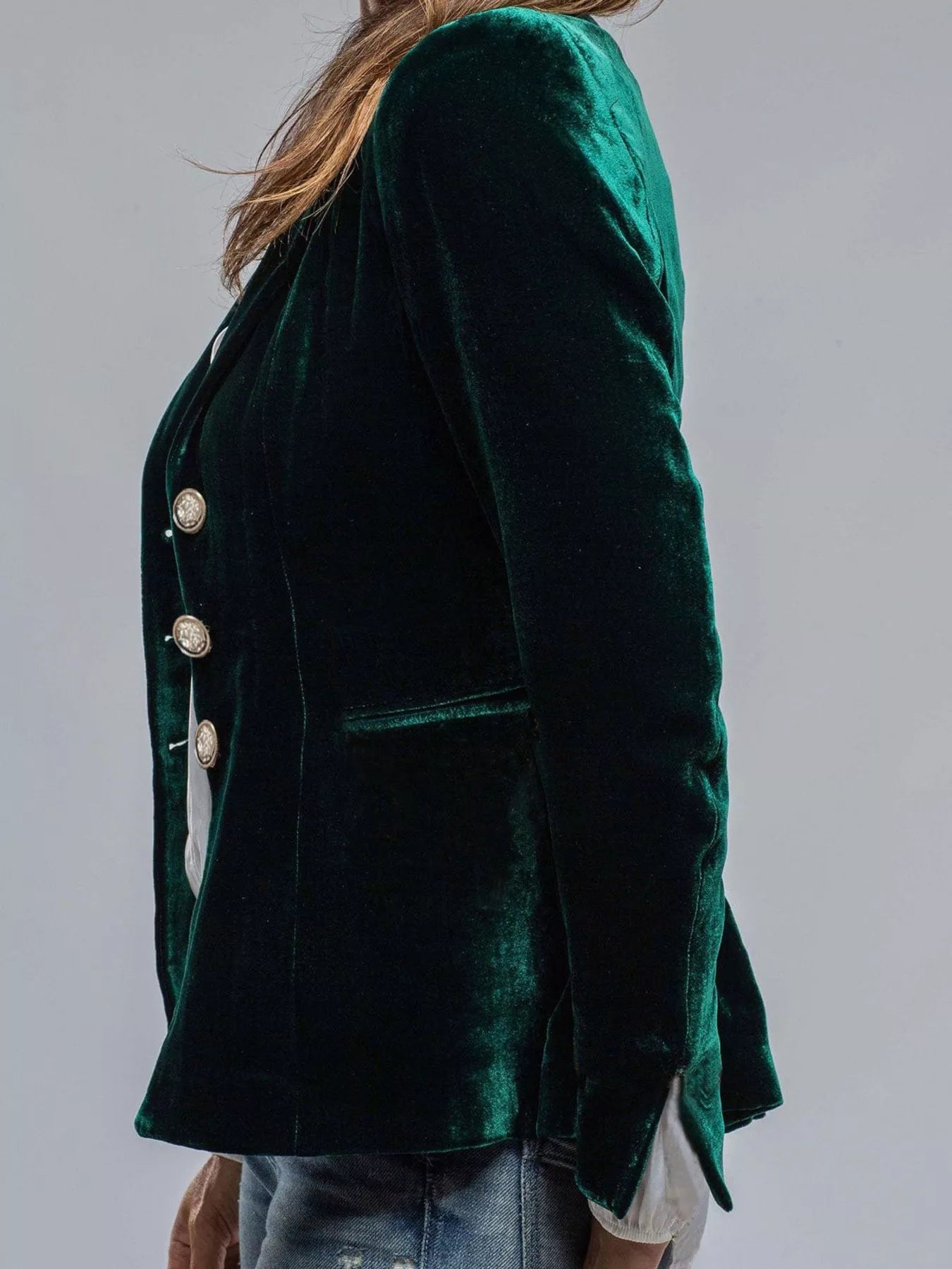 Velvet Lapel Collar Button Up Blazer - -