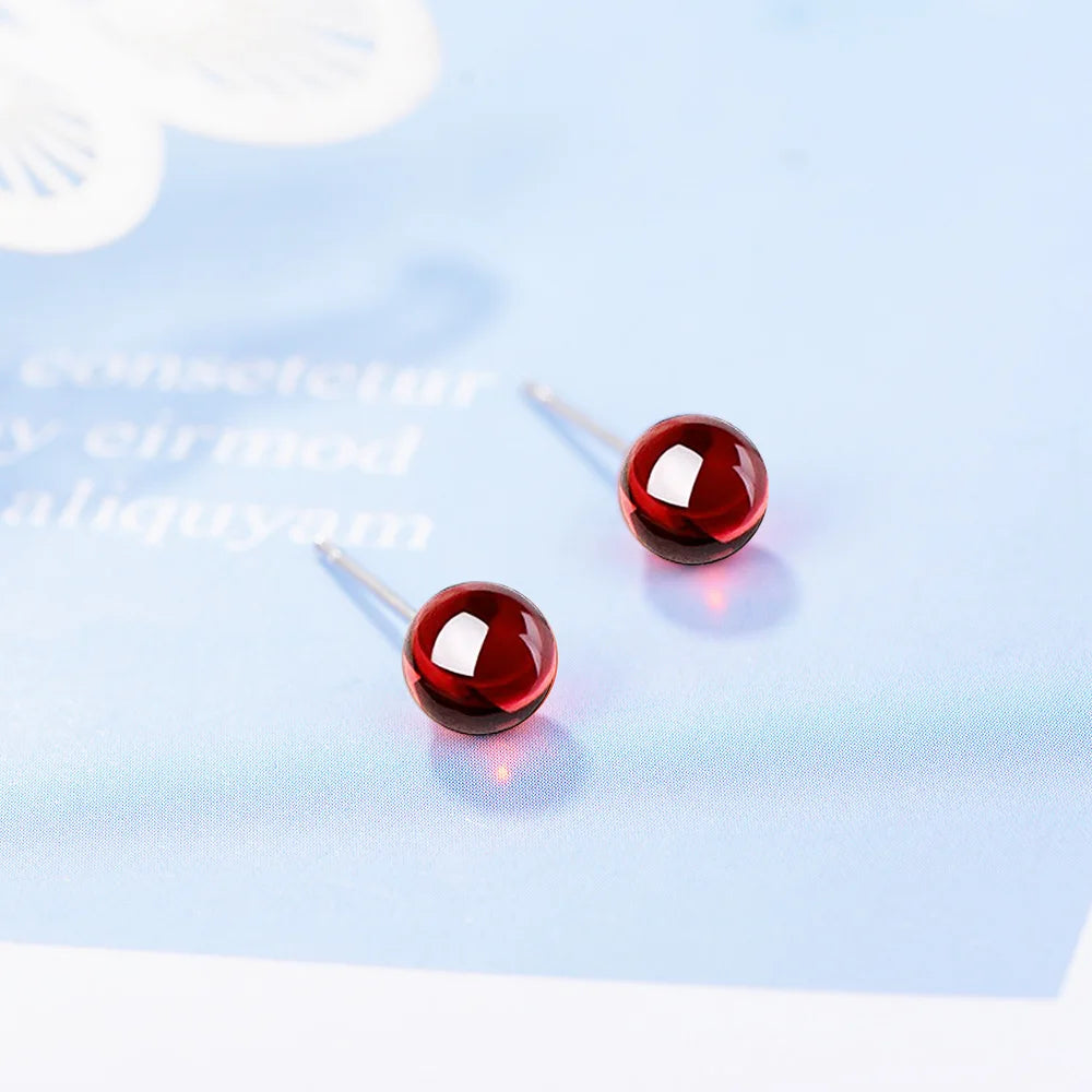 Red Garnet Stone Stud Earrings Small Round Ball Earrings for Women