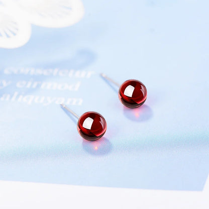 Red Garnet Stone Stud Earrings Small Round Ball Earrings for Women