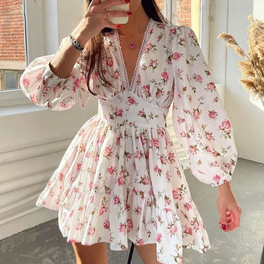 V-Neck Long Sleeve Chiffon Floral Dress