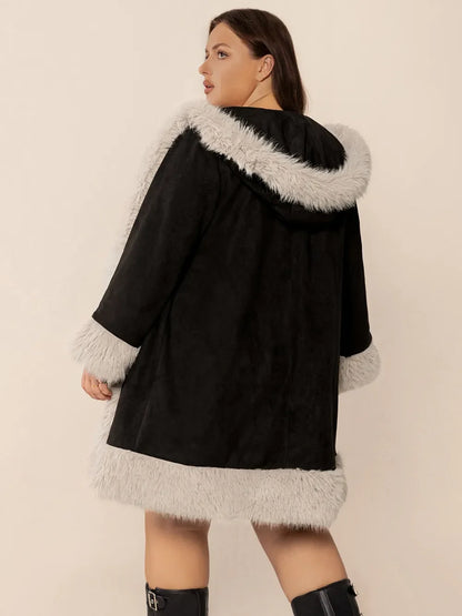 Plus Size Fuzzy Trim Open Front Long Sleeve Hooded Coat - -