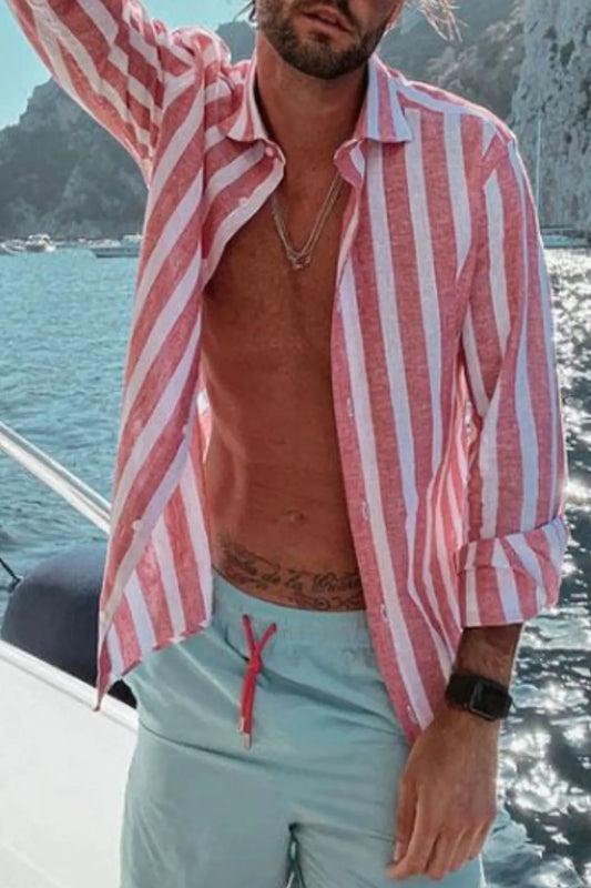 Men's Full Size Casual Striped Long Sleeve Shirt Plus Size - Pink -