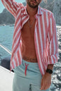 Men's Full Size Casual Striped Long Sleeve Shirt Plus Size - Pink -