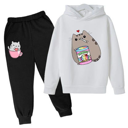 Cat Print Hoodie Clothing Sets