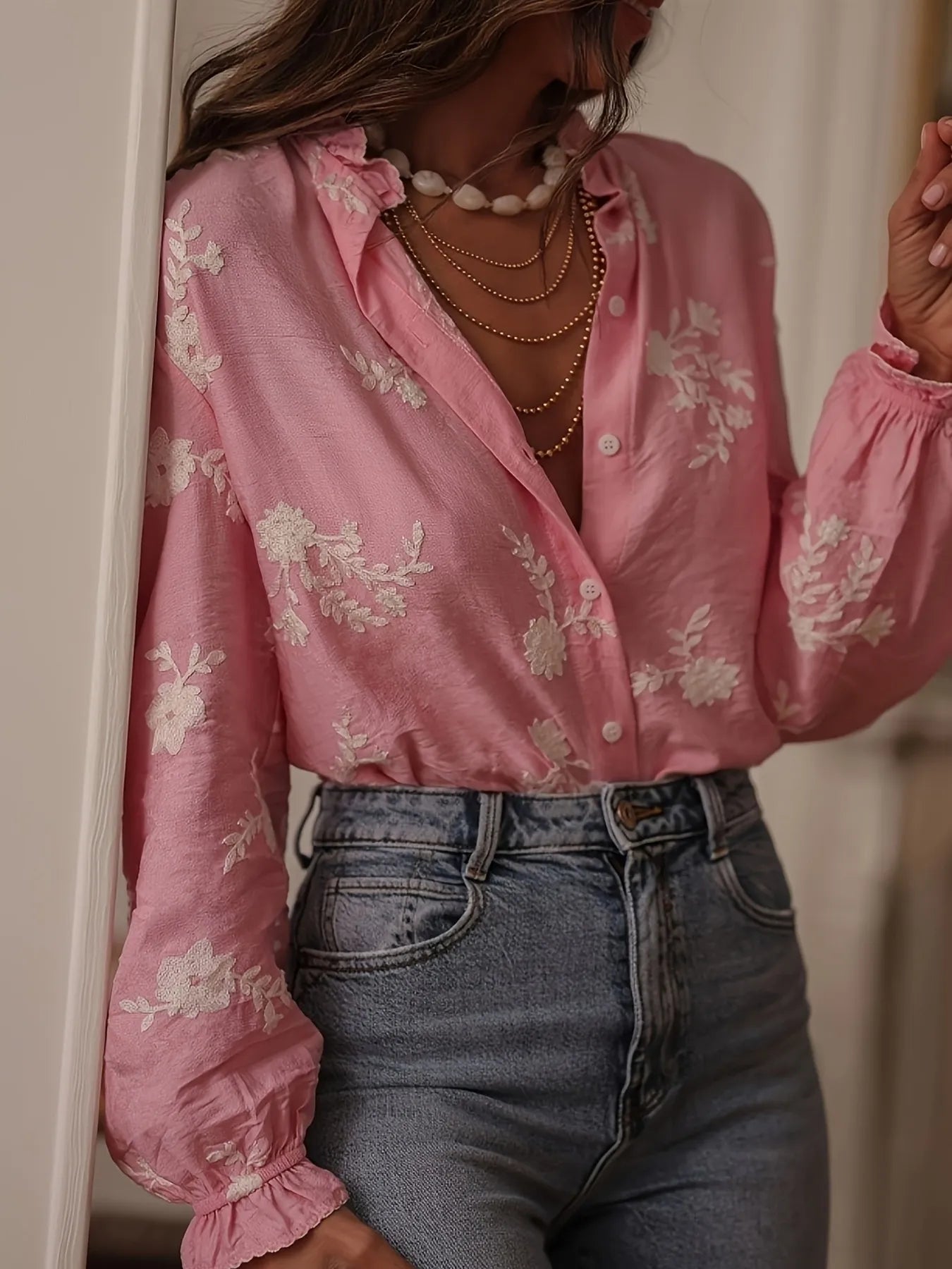 Flower Button Up Long Sleeve Shirt - -