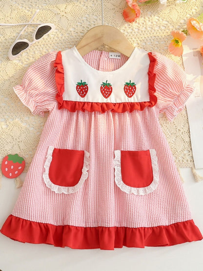 Children's Fruit Embroidered Striped Short Sleeve Dress - Red -
