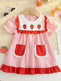 Children's Fruit Embroidered Striped Short Sleeve Dress - Red -