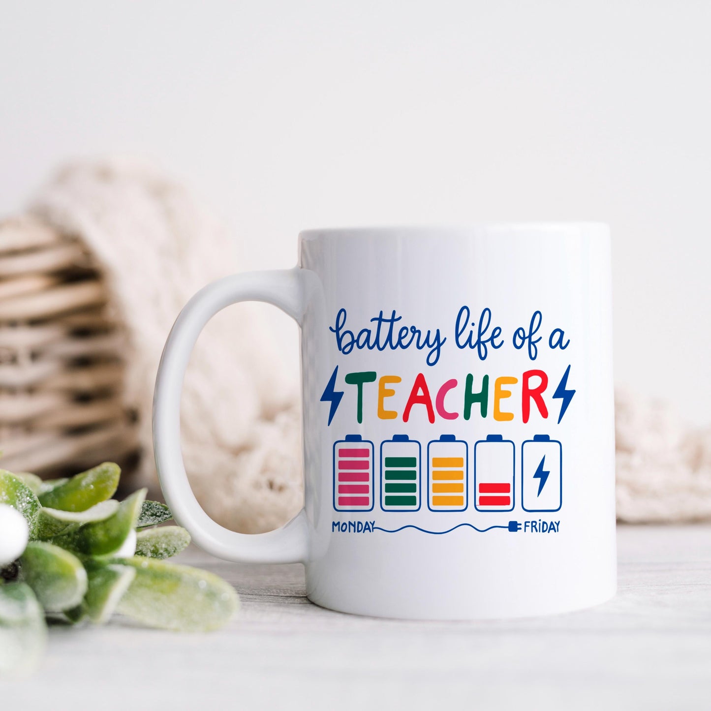 Funny Teacher Mug - Colorful Battery Graphic Ceramic Coffee Cup | Teacher Appreciation Gift - -