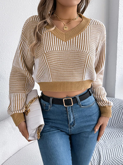 Striped V-Neck Long Sleeve Sweater - -