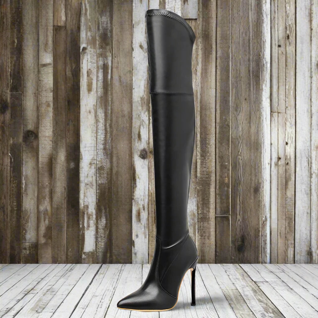 Solid PU Over-The-Knee Slip-On Pointed Toe Thin Heels Chelsea Boots