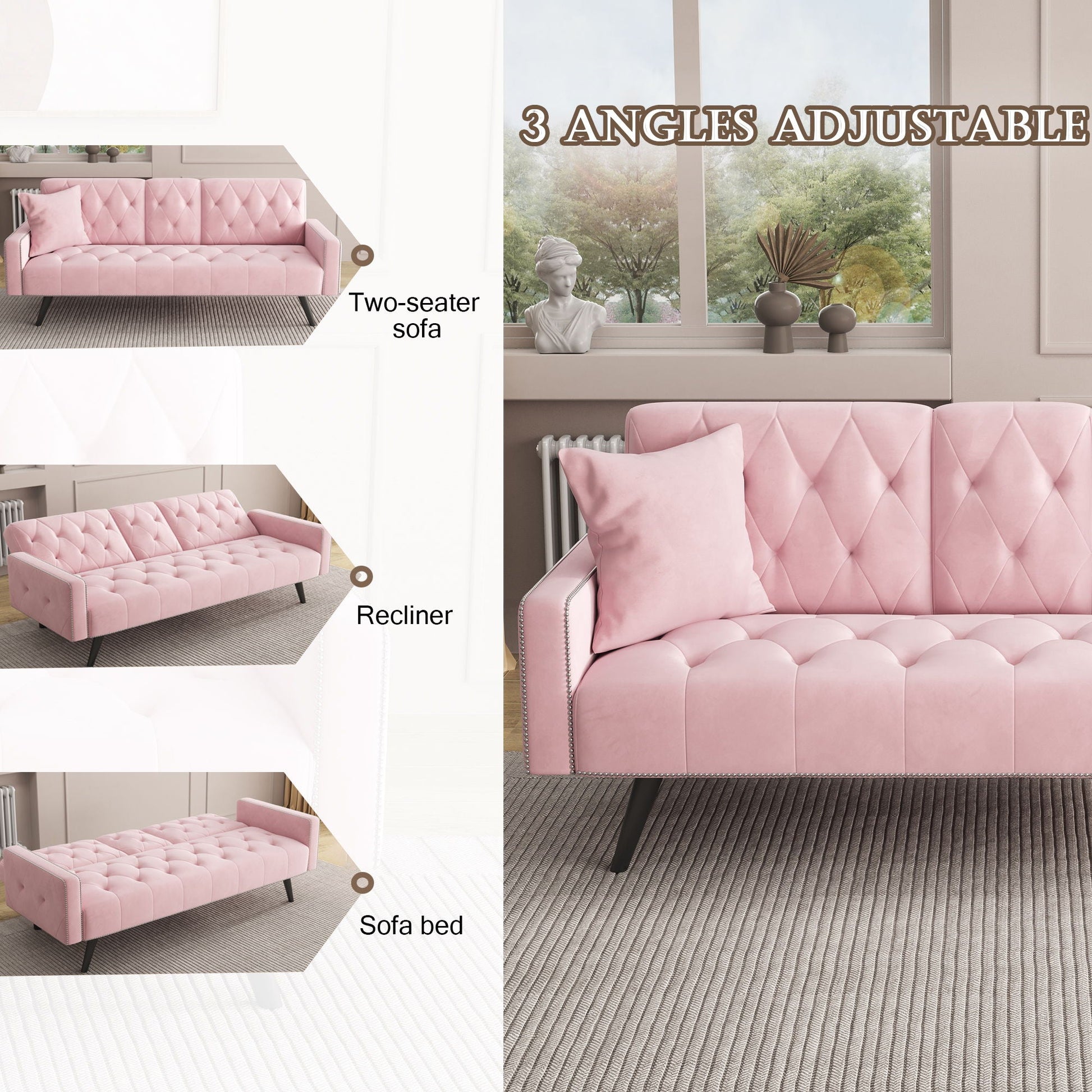 Sofa Bed With Nail Head Trim And Cup Holders - Pink- Unique Piece Furniture- {{Product type}}