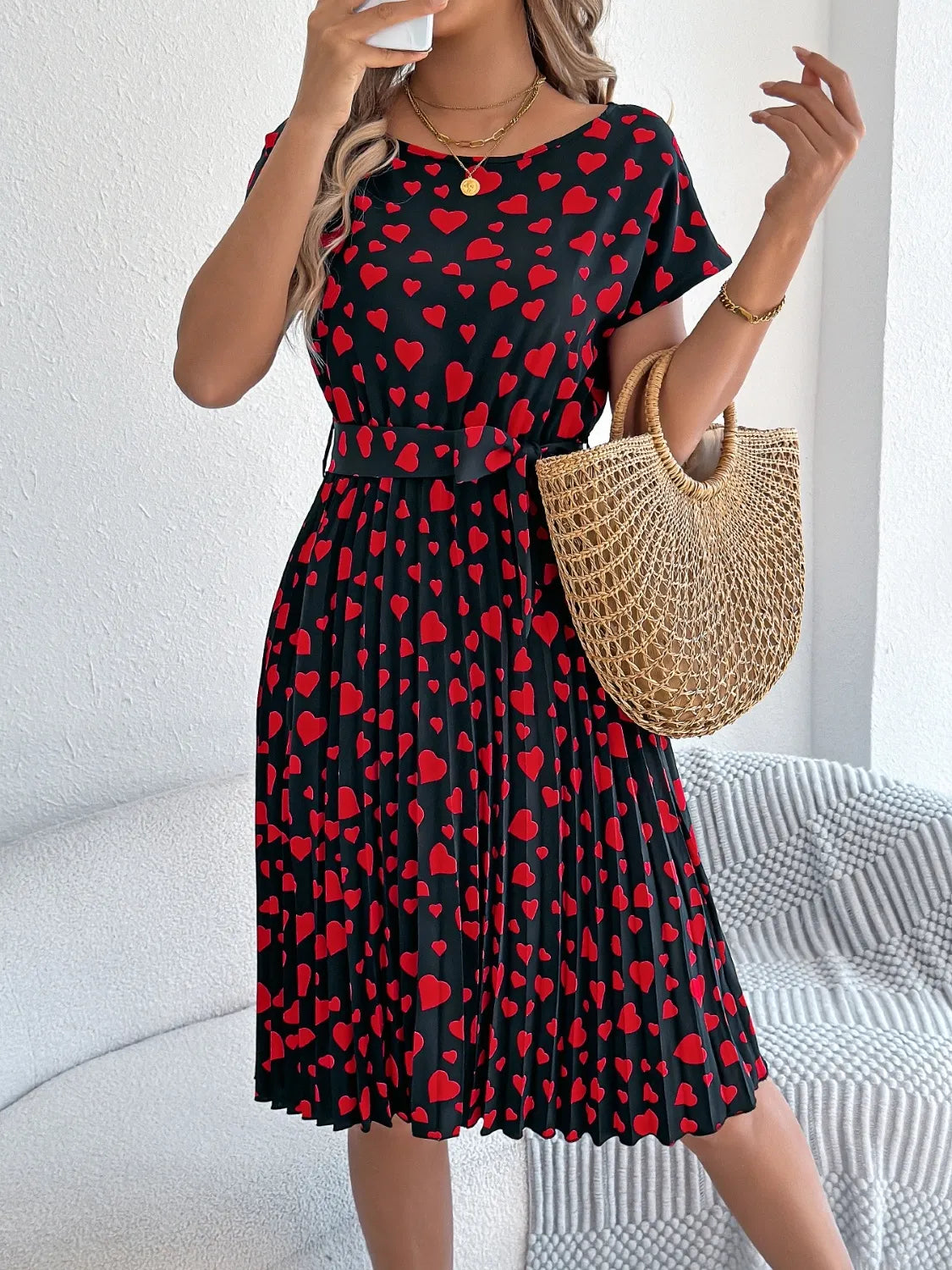 Heart Print Short Sleeve Tie Waist Dress - -