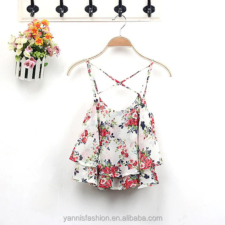 Floral Print Tank Top Summer Style Spaghetti Strap Casual Tops Double Chiffon