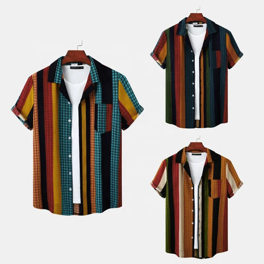 Summer Beach Holiday Striped Printing Casual Cotton and Linen Men Shirts