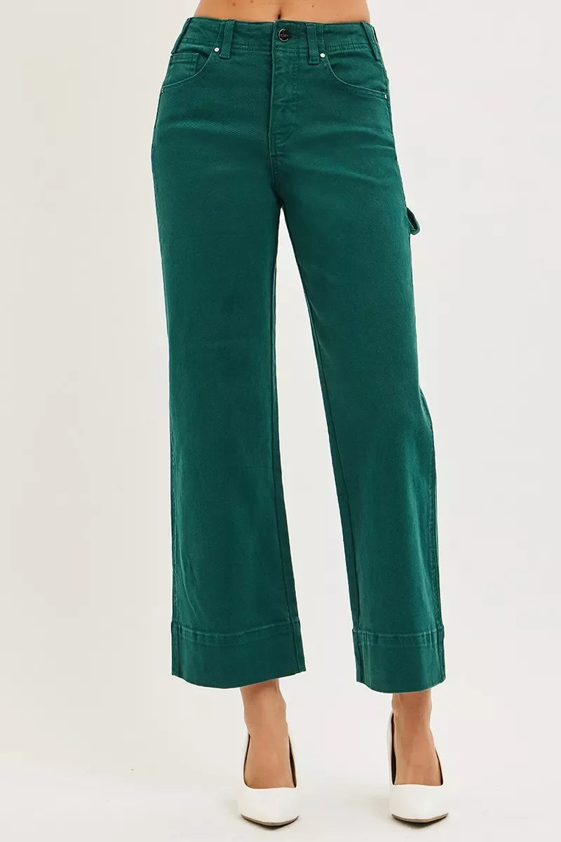 RISEN Tummy Control High Rise Crop Wide No Waist Band Pants - - jeans
