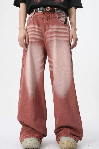Men's Washed Wide Leg Jeans - -