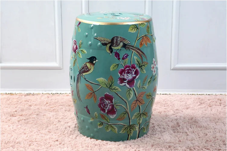 Decorative Drum Ceramic Stools Hand Painted Chinese Flower and Bird Pattern Art