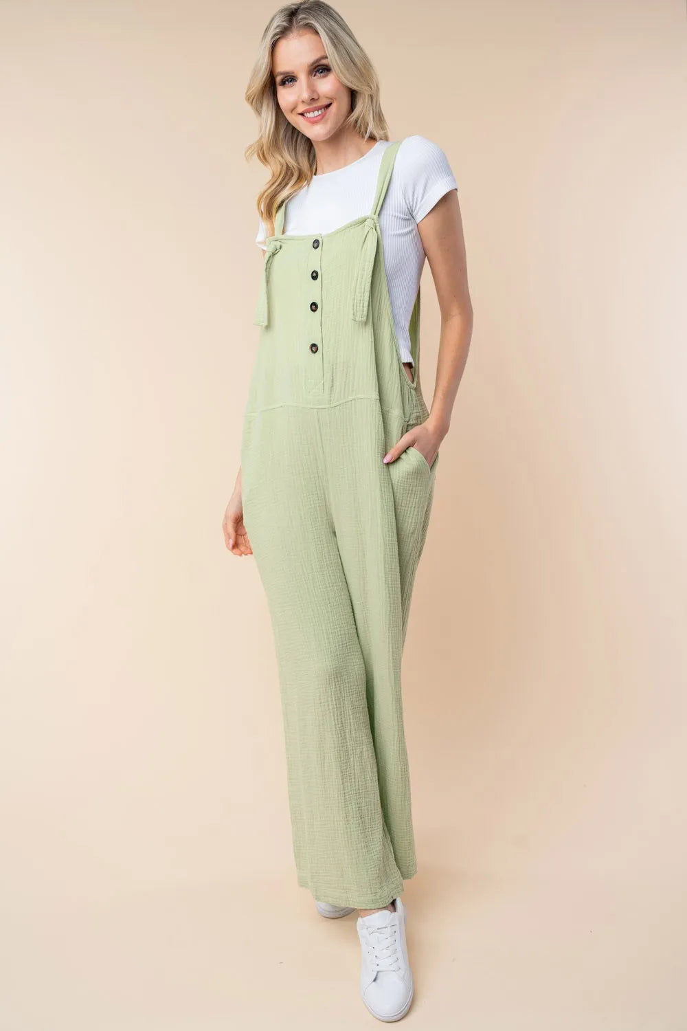 White Birch Texture Sleeveless Wide Leg Jumpsuit - Sage -