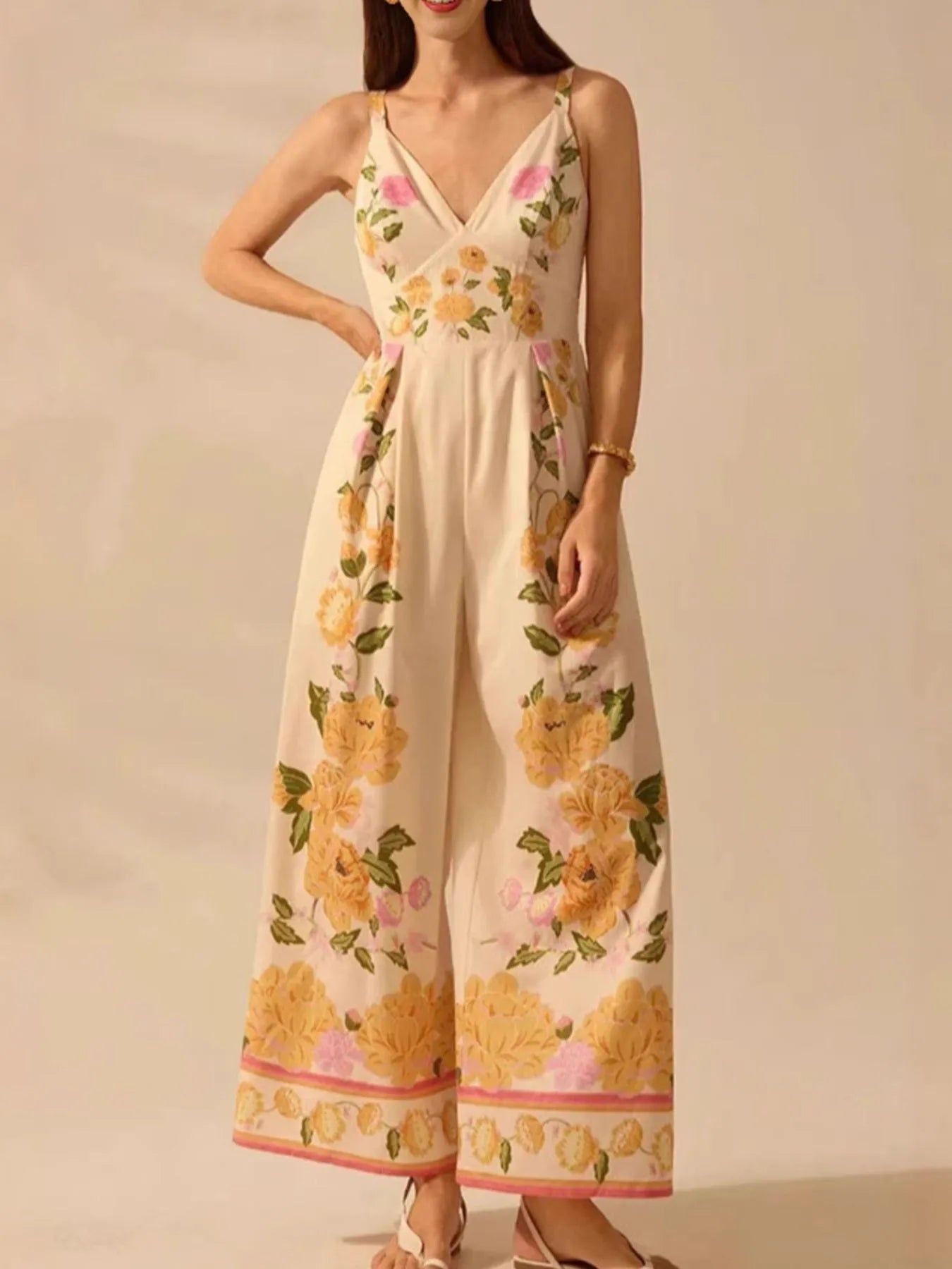 Floral Print Wide-Leg V-Neck Cami Jumpsuit - -