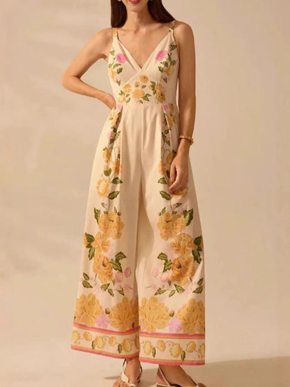 Floral Print Wide-Leg V-Neck Cami Jumpsuit - -