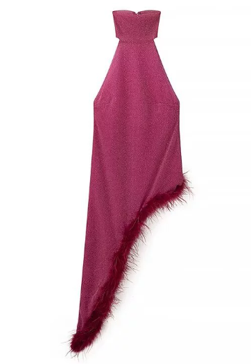 Feather Wine Red Sequined Halter Dress - - dress