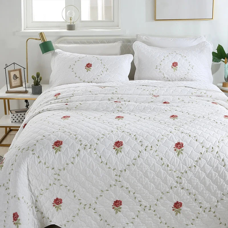 Nordic Style 100% Cotton Embroidered Rose Flower White Bedspreads Eco-Friendly