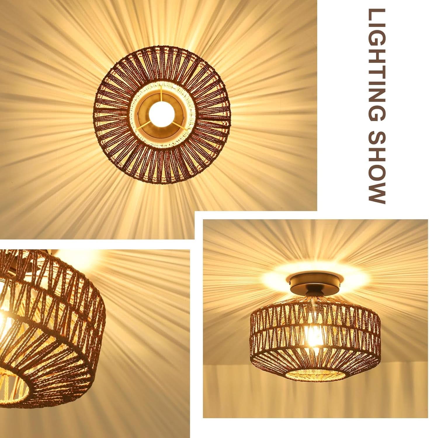 Dark Brown Hand Woven Rattan Ceiling Light With Dimmable LED - -
