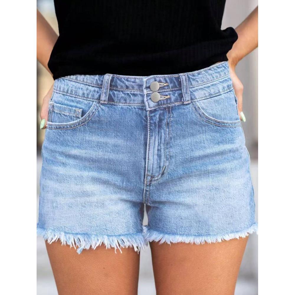 Light Wash Double Button High Waist Denim Shorts - Blue - Shorts