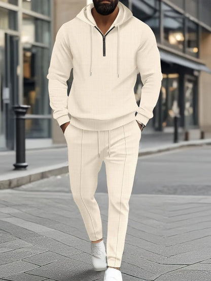Men's Full Size Waffle-Knit Half Zipper Hoodie and Pants Set Plus Size - Beige -