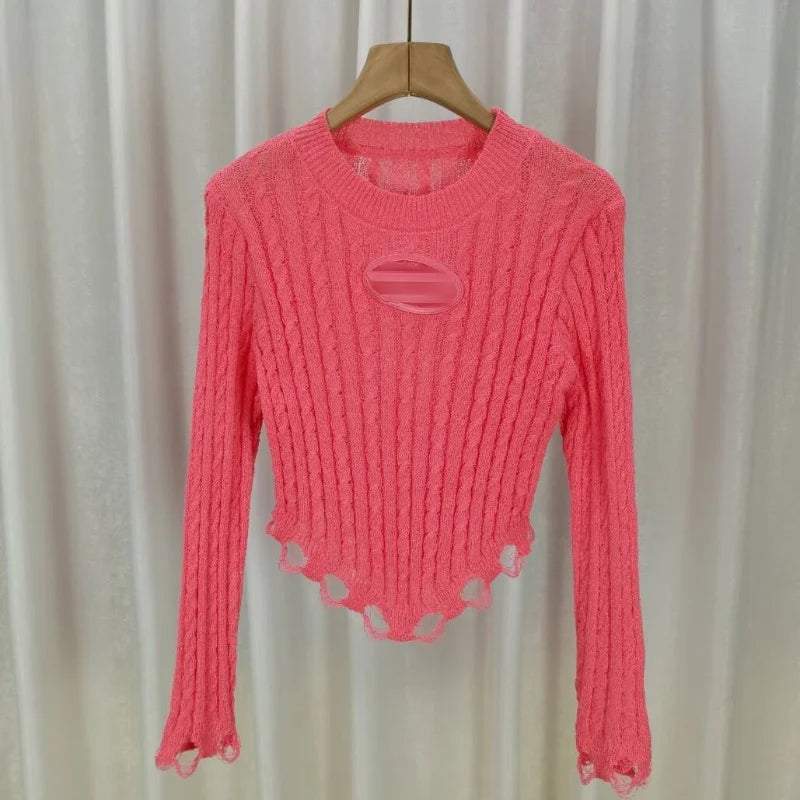 Women Long Sleeve O-Neck Solid Color Hollow Out Tassel Fringe Knitted Shirt