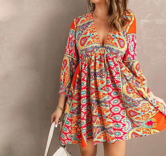 Women Vintage Floral Print v Neck Cut-Out Ruffle Mini Bohemian Boho Dress