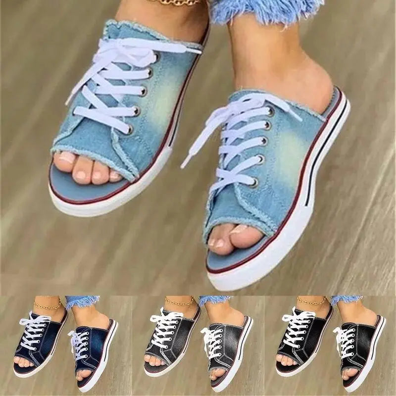 Summer Casual Canvas Shoes Peep Toe Lace Up Denim Ladies Flat Sandals