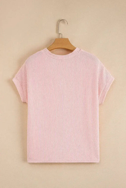 Pink Corded Colorblock Pocket Crew Neck T Shirt - - T Shirts