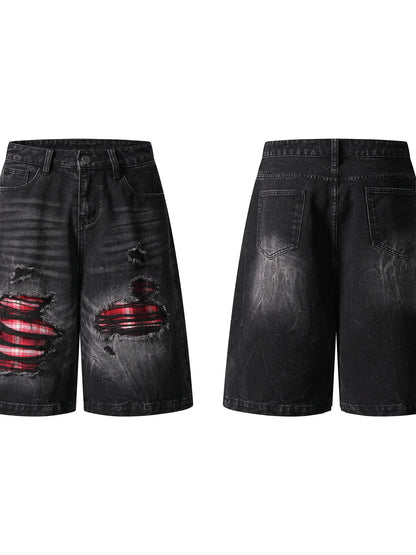 Men's Distressed Denim Shorts with Plaid Patches - -