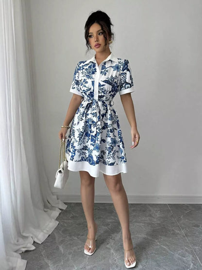 Floral Print Button-Front Shirt Dress - Blue -