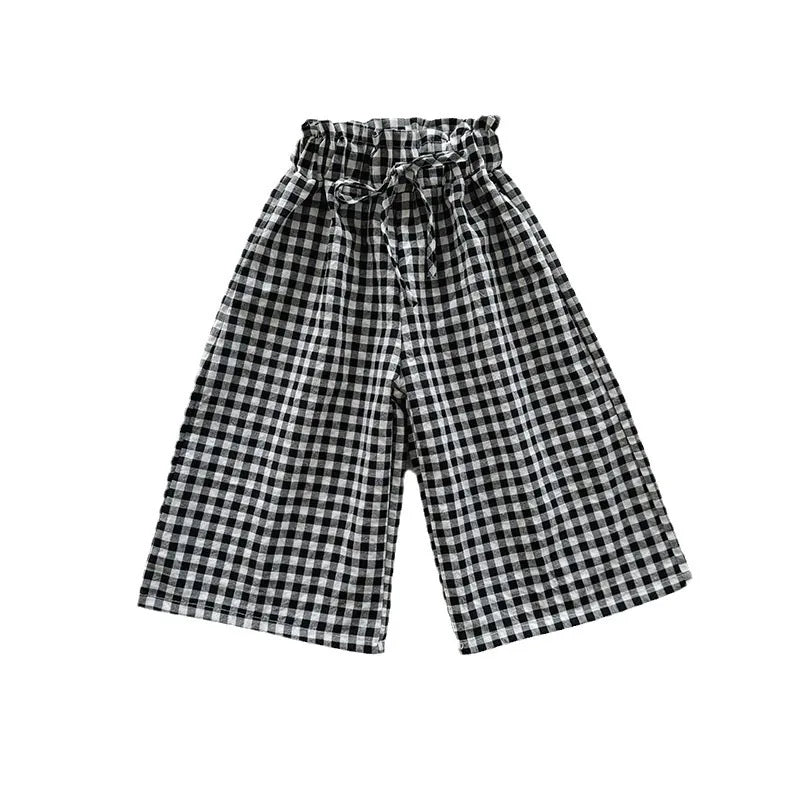 2-10 Years Girls Ankle Length Summer Casual High Waist Plaid Wide Leg Pants