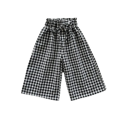 2-10 Years Girls Ankle Length Summer Casual High Waist Plaid Wide Leg Pants