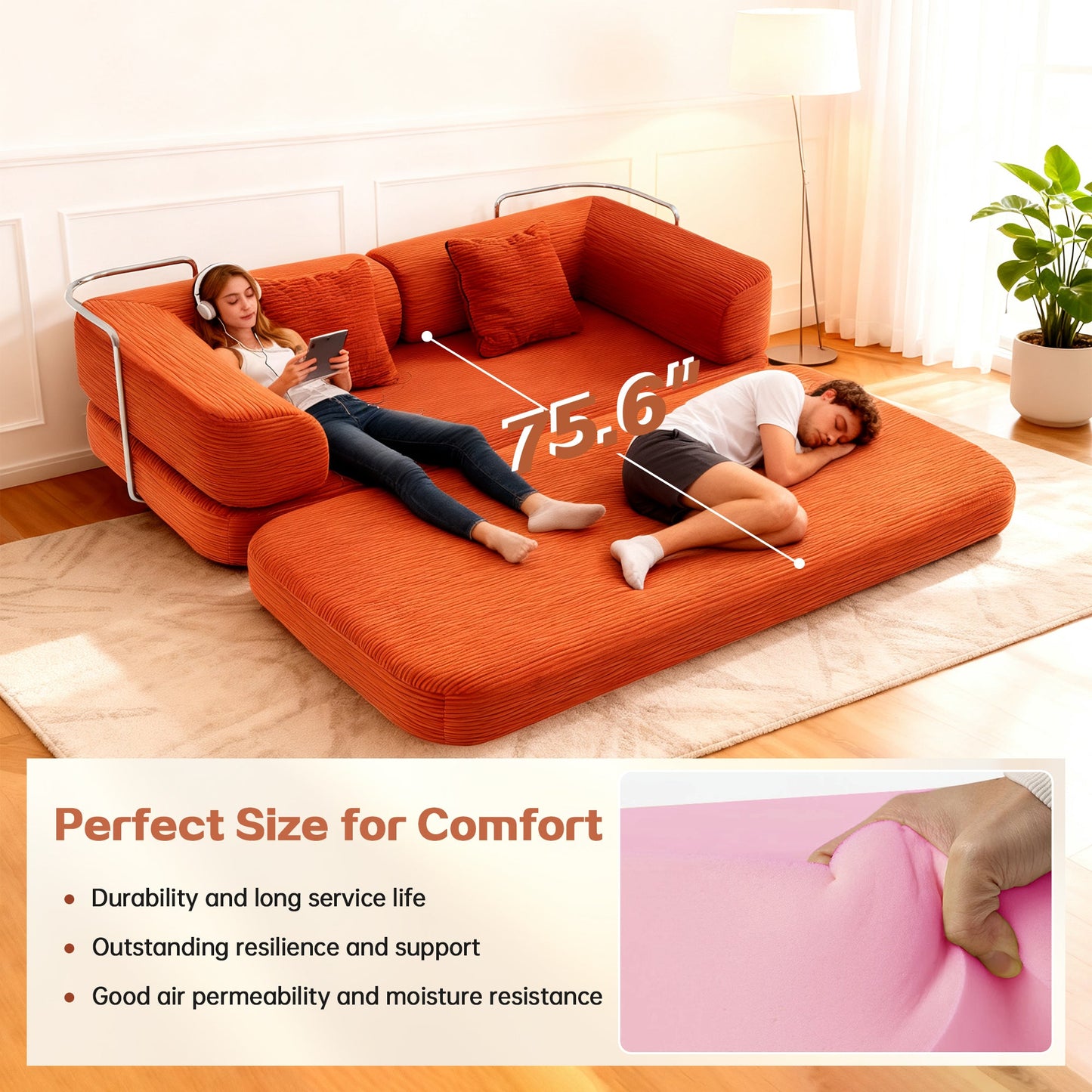 Sofa Bed Convertible 5-in-1 Corduroy Red Floor Steel Frame 74.8 In- NIKKI CASA- {{Product type}}
