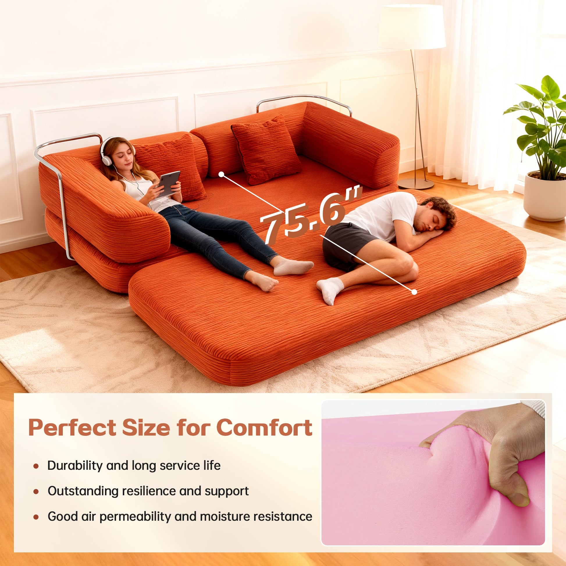 Sofa Bed Convertible 5-in-1 Corduroy Red Floor Steel Frame 74.8 In- NIKKI CASA- {{Product type}}
