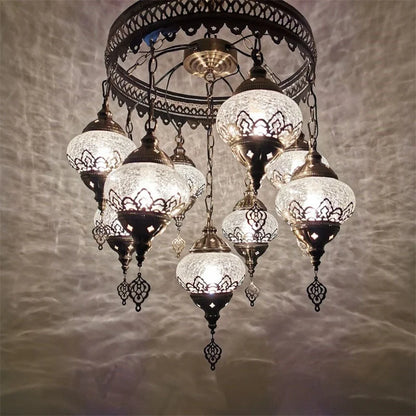 Moroccan Arabian Mosaic 9 Lights Pendant Lamp Kit Bronze Clear Crackle Glass