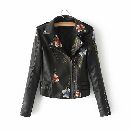 Women PU Faux Leather Outerwear Lady Slim Fit Floral Embroidery Black Coat